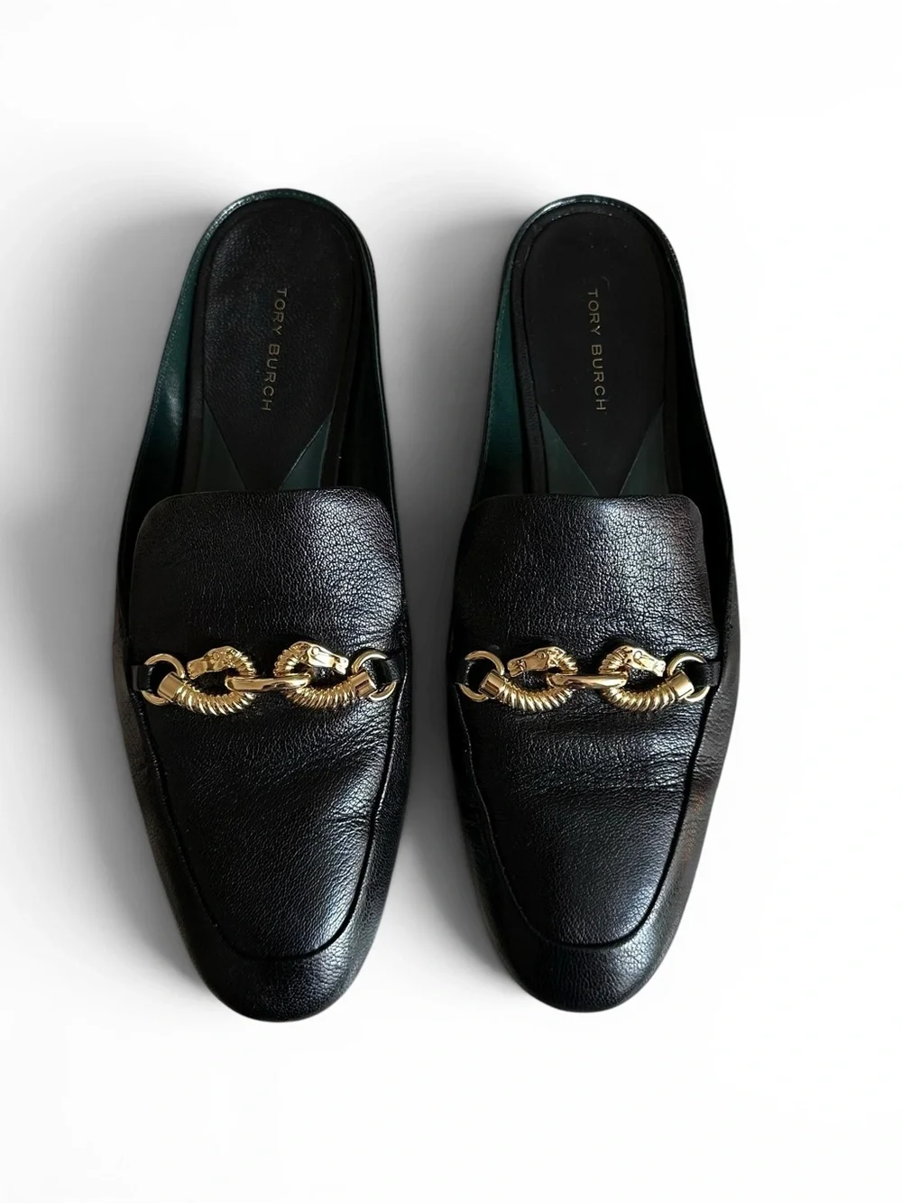 Tory Burch Jessa Black Leather Mule Loafers Gold Chain Horsebit Size 7.5